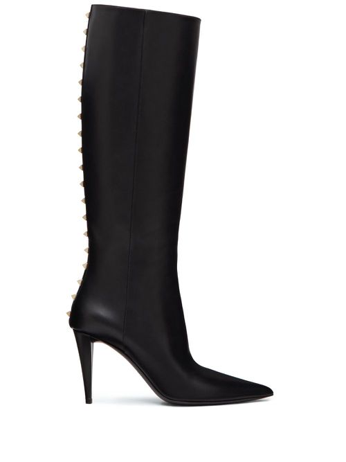 Rockstud leather knee-high boots - Black
