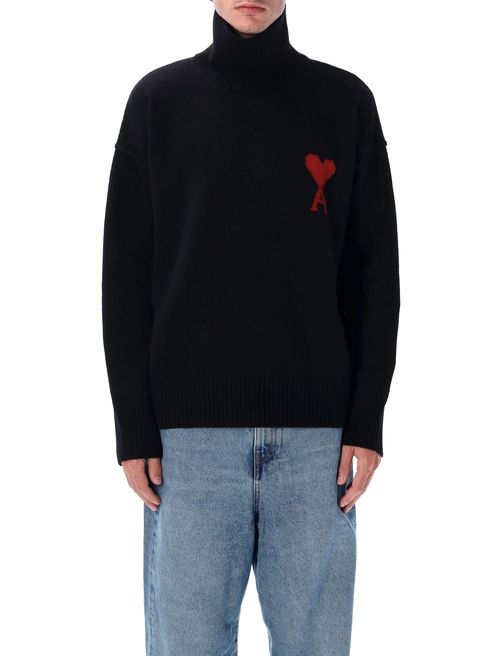 Minimalist Wool Turtleneck with Dropped Shoulders and Intarsia Chest Motif