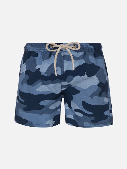 Boy Mid-Length Jean Swim-Shorts With Camouflage Print Sky Swimshort