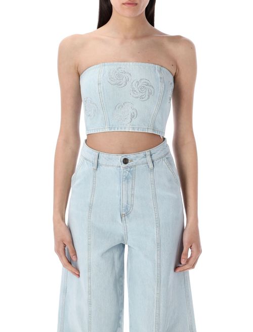 Denim Embellished Strapless Crop Top