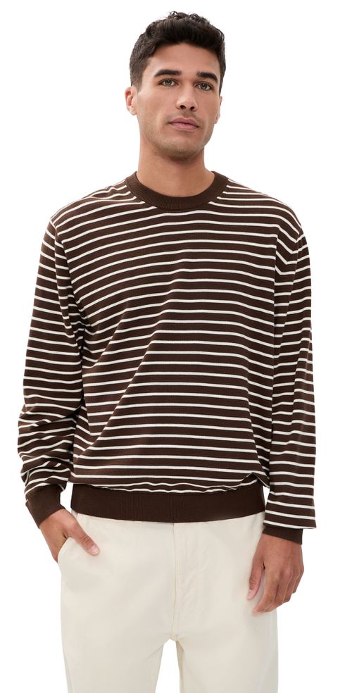 Core Cotton Long Sleeve Crew Sweater Dark Mocha Stripe