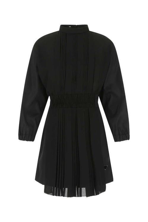Pleated Re-Nylon and Crepe Dress — Black