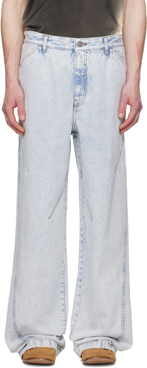 Blue Straight-Leg Light-Wash Pleats Jeans