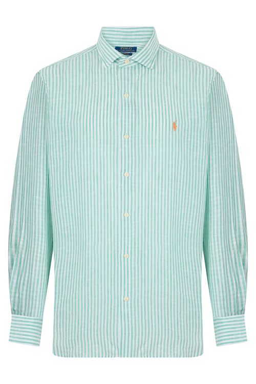 Linen Long-Sleeve Button-Front Shirt with Fine Stripe Texture