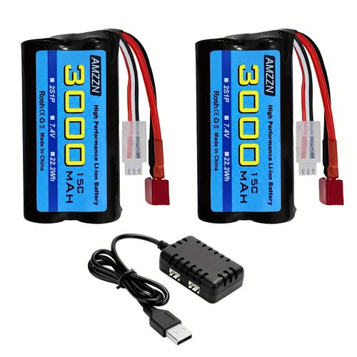 TEMU 7.4v 3000mah 15c 2s Li- With T-type Plug With 2-in-1 Charger Suitable For 12423 Mjx 14301 Rc Car 1/10, 1/12, 1/16 Scale Rc Car Truck Rc Boat