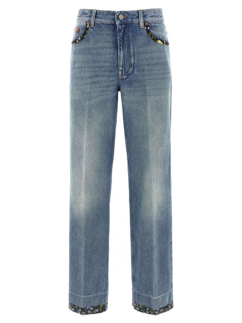 Floral-Piped Cotton Jeans — Blue