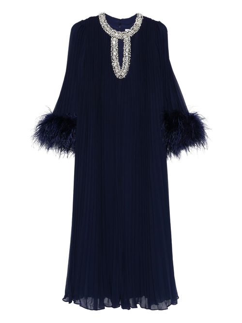 Rhinestone Neckline Pleated Chiffon Midi Dress with Ombre Feather Cuffs