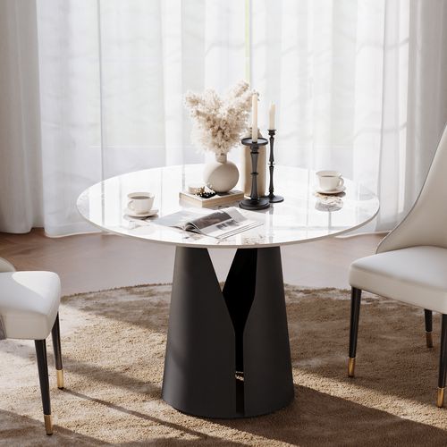 39" Faux Marble Round Dining Table with Carbon Steel Base for 4 People