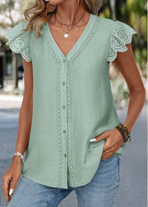 Modlily Sage Green Patchwork Short Sleeve V Neck Blouse