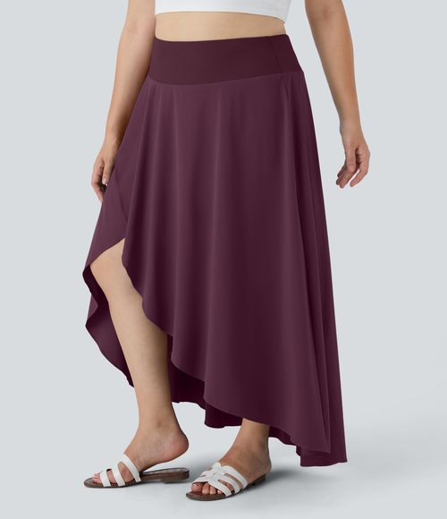 Breezeful™ High Waisted High Low Ruffle 2-in-1 Flowy Midi Quick Dry Casual Plus Size Skirt  - Amaranth