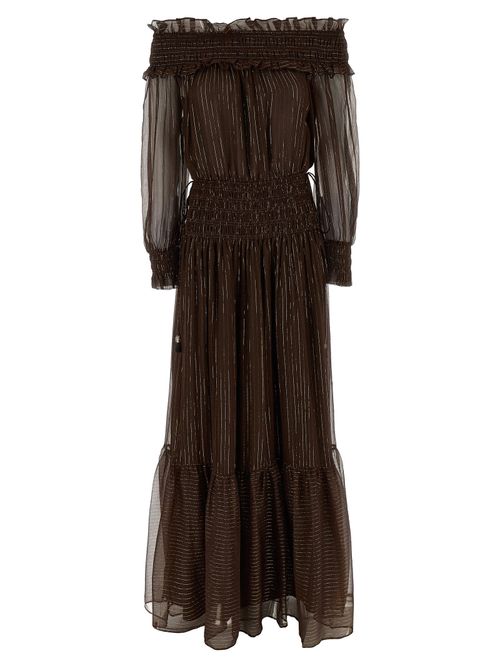 Brown Georgette Off Shoulder Maxi Dress