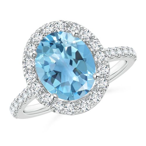 Angara 3.25 Carats Prong-Set Oval Swiss Blue Topaz Halo Ring with Diamond Accents in Platinum