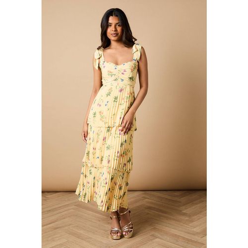 Oasis Women's Petite Floral Pleated Tie Shoulder Midi Dress in Lemon