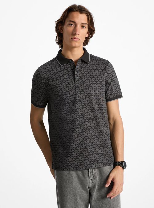 Greenwich Signature Logo Print Cotton Polo Shirt in Black - size L