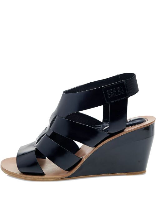 Pre-owned 80mm patent-finish wedge sandals - Black
