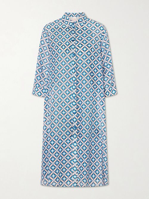 Printed Cotton And Silk-blend Midi Dress - Blue