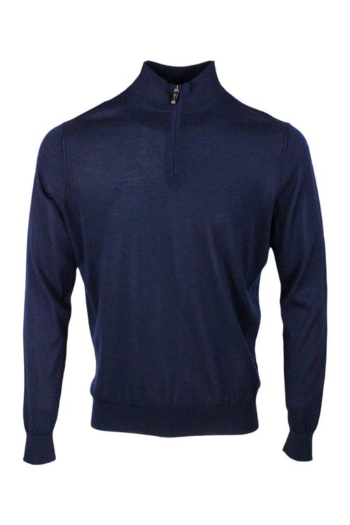 Light Half-Zip Long-Sleeved Sweater In Fine 100% Cashmere And Silk With Special Processing On The Profile Of The Neck