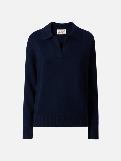 Midnight Blue Eze Wool Sweater With Polo Collar - Women