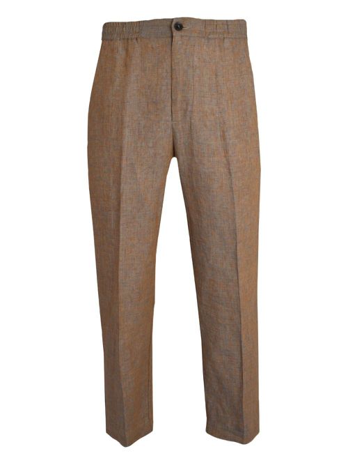 Elasticated-waist linen trousers - Brown