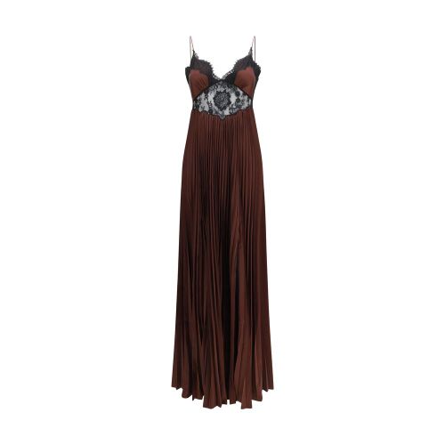 Lace-Paneled Satin Dress — Brown