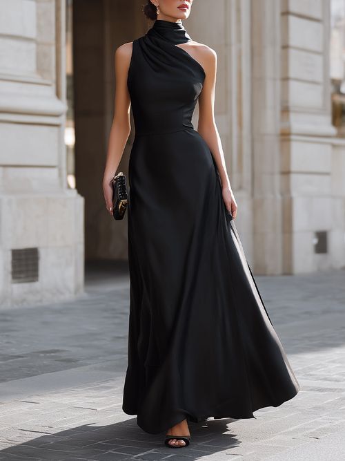 One-Shoulder Draped High-Neck Maxi Dress - Black