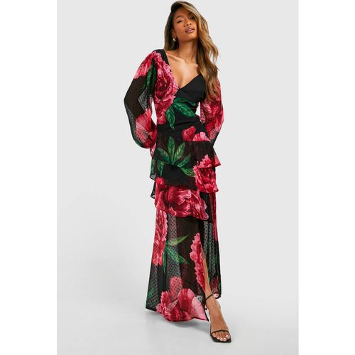 Boohoo Women's Floral Dobby Floral Frill Maxi Dress in Black