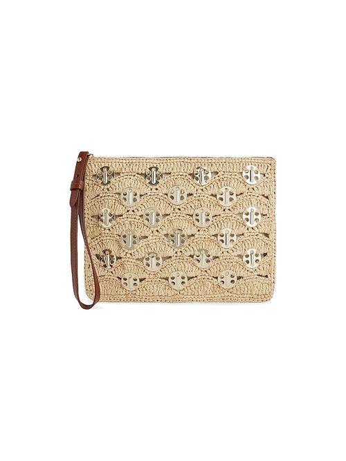 Women's Embellished Raffia Wristlet Pouch - Gold
