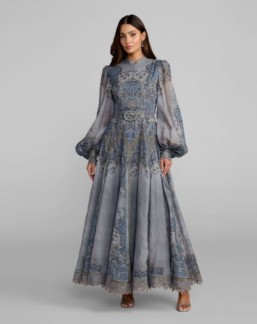 Gray Bishop Sleeve Printed Cotton A-Line Dress