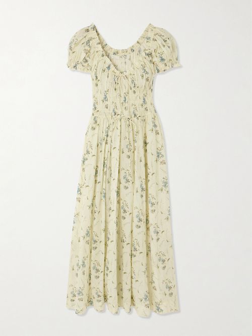 Ashlynn Tie-detailed Shirred Floral-print Organic Cotton-voile Midi Dress - Yellow
