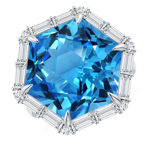 Angara 17.5 Carats GIA Certified Hexagonal Fancy-Cut Swiss Blue Topaz Halo Ring in Platinum