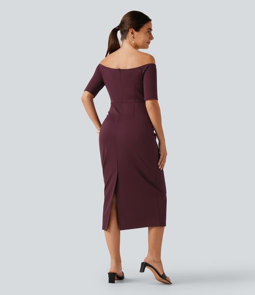 Off Shoulder Short Sleeve Bodycon Midi Dress Casual Dress - Deep Crimson