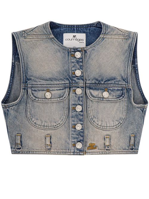 -Gilet in denim con logo ricamato sul fondo-Donna