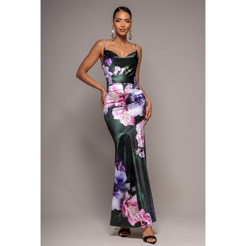 Goddiva Floral Print Satin Cowl Neck Maxi Dress - Emerald Green