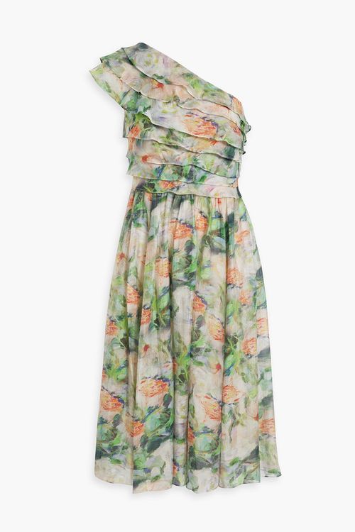 One-shoulder ruffled printed gauze dress - Green - US 10