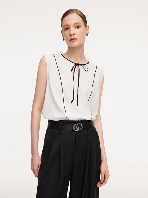 [Preview] Acetate Blend Tie Front Contrast Trim Women Tank Top