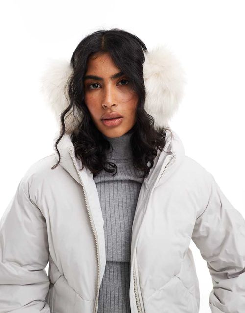 ASOS DESIGN oversized ear muffs in cream faux fur-White