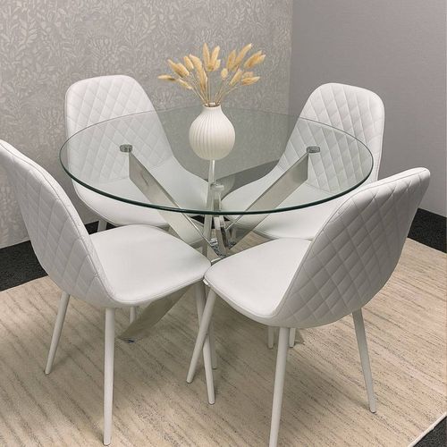 KOSY KOALA Round Glass Dining Table Set With 4 White Gem Pattern Chair