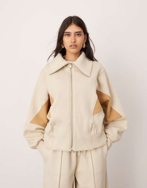 ASOS EDITION premium heavy weight zip through extreme collar sweatshirt in oat and camel-Multi