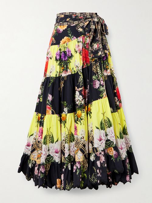Tiered Embellished Floral-print Organic Cotton Maxi Wrap Skirt - Black