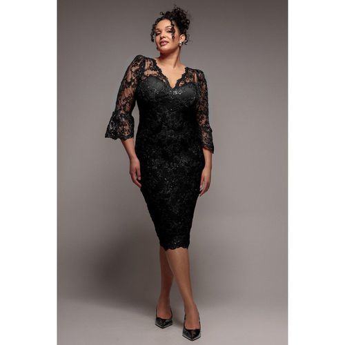 Goddiva Plus Scallop Lace Midi Dress - Black