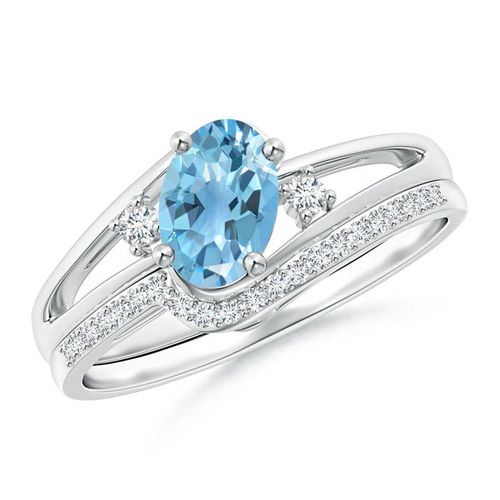 Angara 0.95 Carat Oval Swiss Blue Topaz and Diamond Bridal Set in Platinum