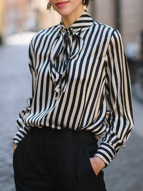 Tie-Neck Vertical Stripe Long Sleeve Blouse - Black
