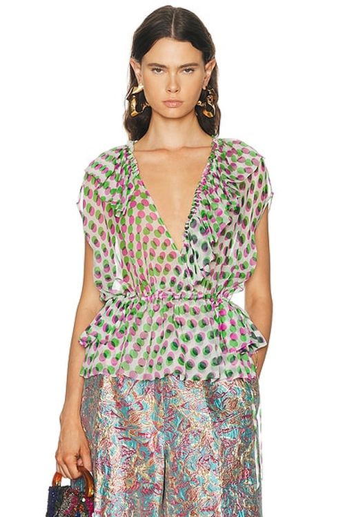 Dries Van Noten Cally Top in Ecru - Green,Pink. 38 also