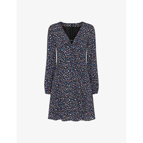 Womens Black/White/Blue Painted Garden Floral-print Woven Mini Dress
