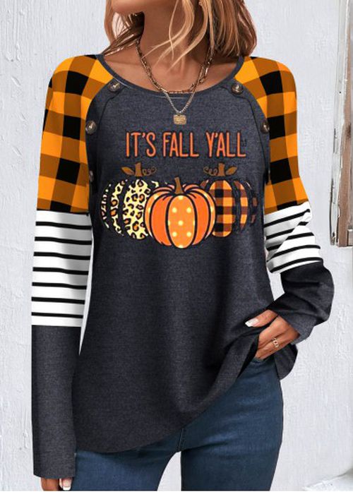 Modlily Orange Patchwork Halloween Print Long Sleeve Sweatshirt