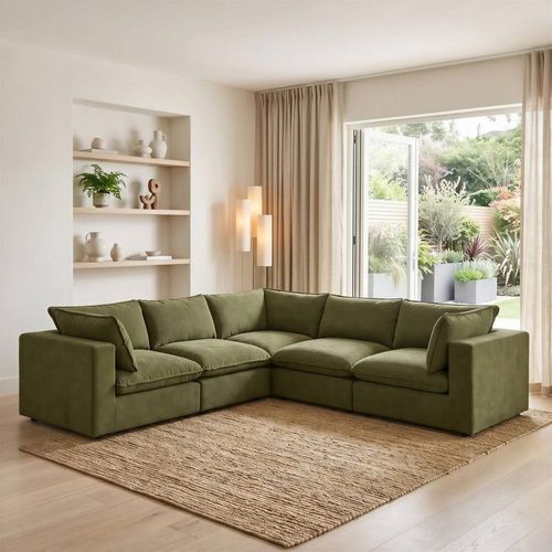 Furnitureboxuk Echo Linen-Look Fabric 4 Seater Modular Corner Sofa In Green
