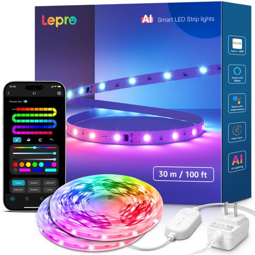 S1 Ai Smart Rgb Led Strip Lights, 100ft (2 Rolls of 50ft), Ic and Rainbow Chasing Effects, for Party Holiday Room Decor, 2.4G Wi-Fi & Bluetooth
