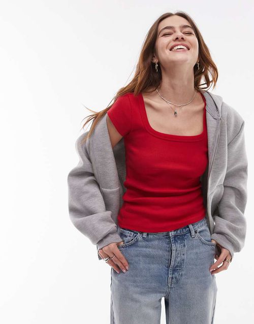 Topshop square neck rib cap sleeve tee in cherry red