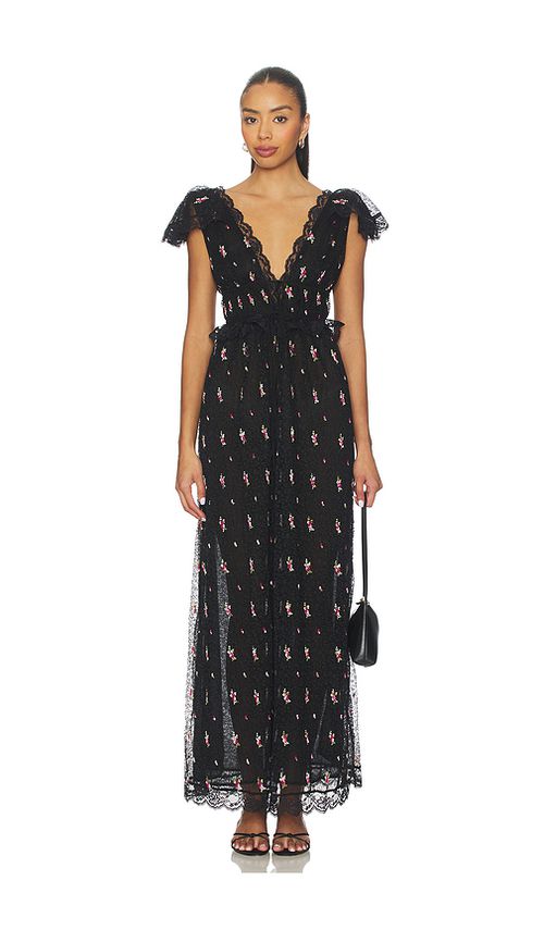 For Love & Lemons Poppy Pleated Lace Maxi Dress in Black. XL also in
