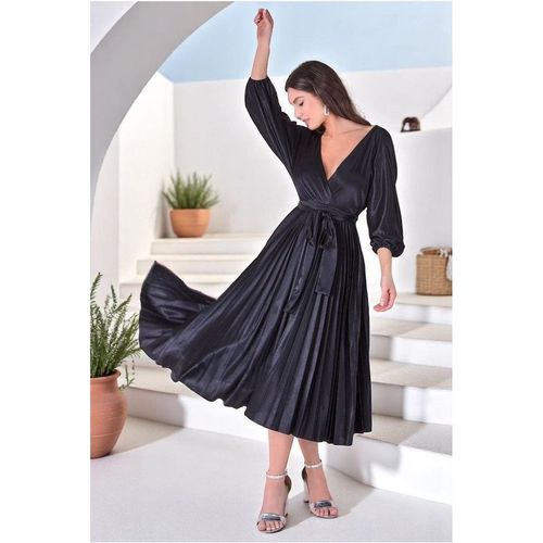 Goddiva Satin Pleated Skirt Wrap Midi Dress - Black